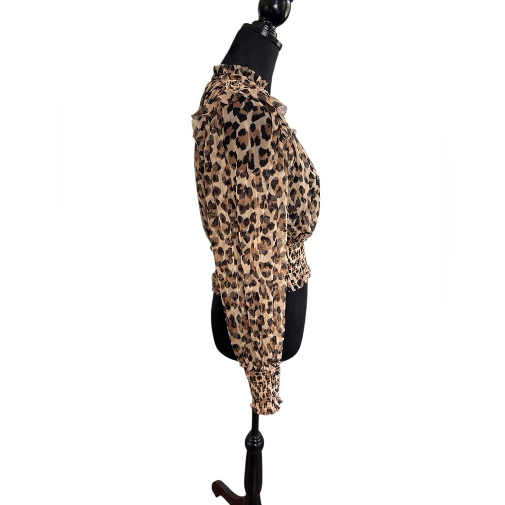 Free People Leopard Mesh Smocked Top | Size XS | Sheer Puff Sleeve Blouse - Picture 5 of 9